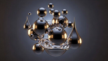 Abstract 3D rendering of metallic liquid droplets and spheres with reflections