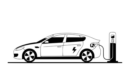 Naklejka premium Electric car vector illustration, modern flat design, eco friendly concept, electric vehicle charging at home, clean lines, minimal background, soft colors, renewable energy theme