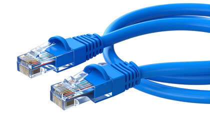 Two vibrant blue Ethernet cables, connectors in sharp focus, against a black background