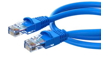 Two vibrant blue Ethernet cables, connectors in sharp focus, against a black background