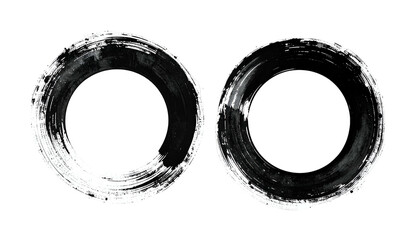 Two abstract circular brushstroke designs in black and white against a black backdrop