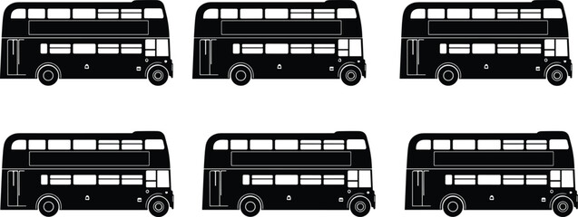 Silhouette set of double decker bus icons in black color isolated on white background, transport cad drawing flat vector illustration for city travel © Sujay