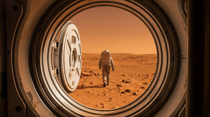An astronaut steps outside a space habitat on Mars. The landscape shows red rocks and dust under a sunset sky. The view from the door frames the scene and highlights exploration