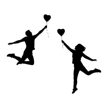 Couple jumping with heart balloons on white background Vector