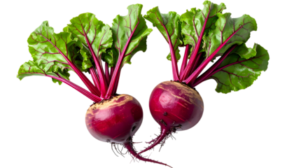 Two fresh red beets with vibrant green and red leaves, isolated on a black background