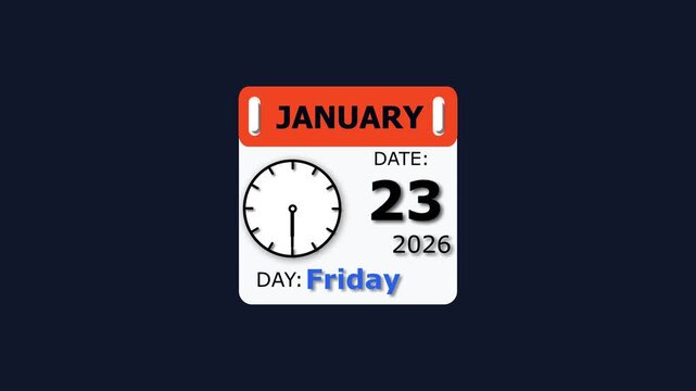 Date and day animation. 23 January month Friday visual. 2026 calendar and creating a stunning video. 4k video.