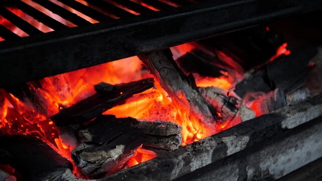 Steakhouse. The chef prepares a Josper grill with coals for searing steaks.