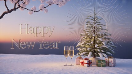 Happy New Year 2026 Text on Snowy Road in Cozy Winter Neighborhood with Decorated Christmas Tree and Colorful Fireworks
