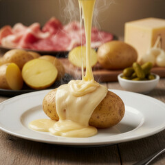 Raclette fondue coulant sur une pomme de terre dans une ambiance chaleureuse