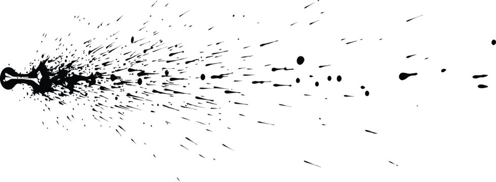 Black ink spray paint splatter and messy droplets on transparent background