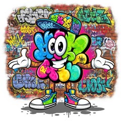 Colorful cartoon character with large eyes stands against a vibrant graffiti covered brick wall