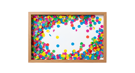 Wooden Frame Filled with Colorful Confetti scattered