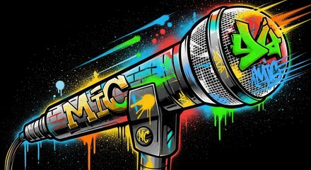 Dynamic microphone design features vibrant spray paint and graffiti elements against a dark background
