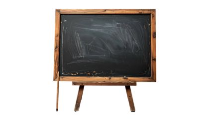 A vintage chalkboard, lightly smudged with chalk, stands on a wooden easel against a black background