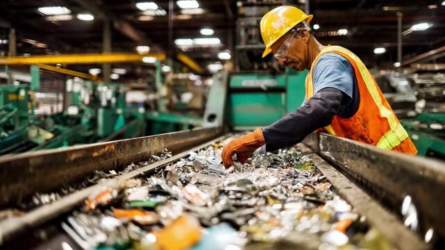 Worker manually sorting aluminum scrap pieces on a conveyor belt in a busy industrial warehouse preparing materials for recycling and processing.
