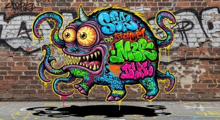 Obraz premium Vivid cartoon monster with integrated typography painted onto a weathered brick wall
