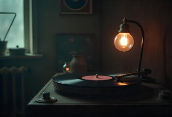 A cozy vintage record store corner with a spinning vinyl, wine glasses, and headphones, evoking nostalgic romance and analog warmth.