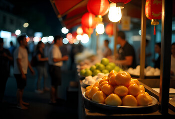 A detailed, atmospheric shot of a bustling night market food stall, perfect for food blogs and culinary storytelling.