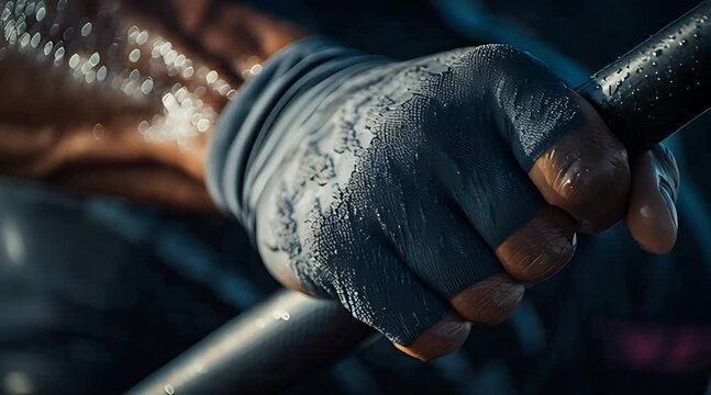Extreme close-up of an athlete's taped hand, wet with sweat, gripping a bar tightly, symbolizing intense effort and physical training