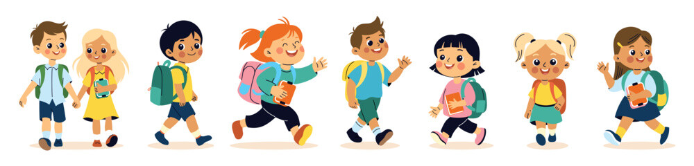 Children go to school with backpacks.Back to school theme.Happy girls and boys go to school.Vector cartoon flat illustration