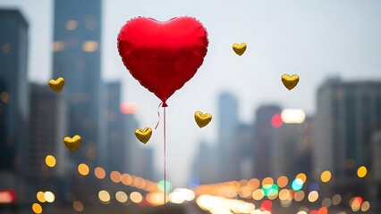 Red heart balloon floating over cityscape at dusk