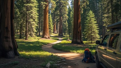 Path curves through giant sequoias, sunlight dappling the forest floor near a parked vehicle