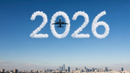 Naklejka premium Plane flies through clouds shaped as '2026' above a city skyline