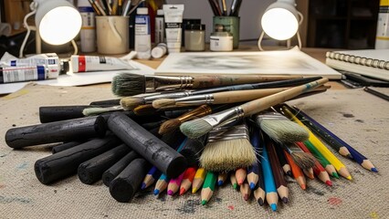 Pile of Assorted Art Supplies Including Brushes Pencils and Charcoal