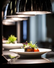 Elegant gourmet dish prepared with fresh ingredients under warm restaurant lighting