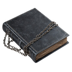 A Vintage Locked Book Bound in Black Leather with a Metal Chain Against a White Background