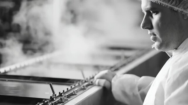 Industrial worker monitoring the chemical etching bath focusing on achieving sharp edges and detailed precision on metal components.