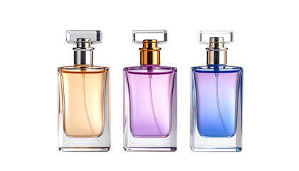 Three rectangular perfume bottles with varying pastel liquids and silver/gold caps on black