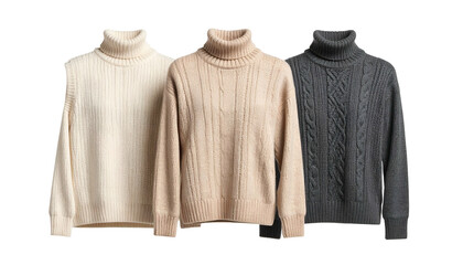 Three turtleneck sweaters, varying shades, displayed against a black background