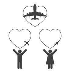 man and woman hands up with plane landing inside heart shape icon
