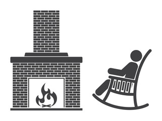brick fireplace and person on rock chair icon
