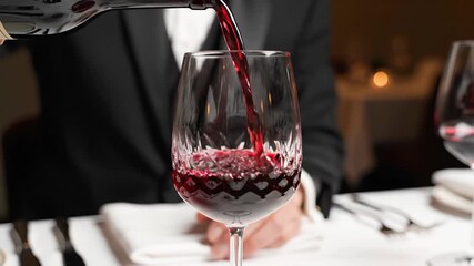 Red Wine Service Pouring into Crystal Glass Fine Dining Restaurant