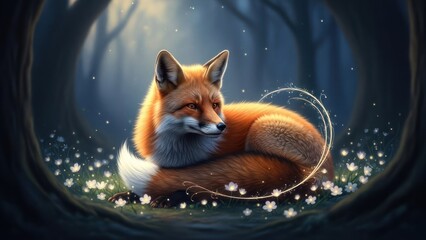 Fox curled up among tiny white flowers in a forest glade with mystical light