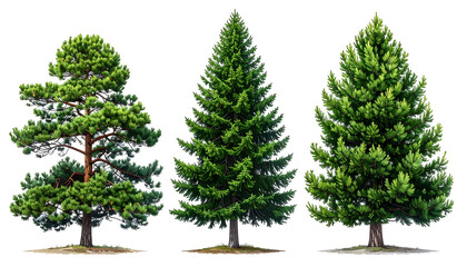 Three different evergreen trees against a transparent background, showcasing varied shapes