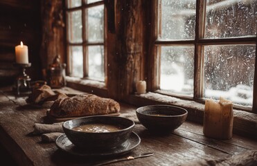 Rustic cabin table with soup bowls bread and candles by snowy window