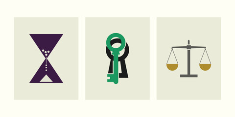 Minimalist Symbolic Icon Set with Hourglass Keyhole and Justice Scales