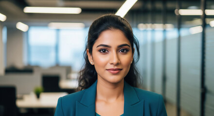 Fototapeta premium A professional young Indian businesswoman in a teal blazer looking forward in a contemporary office background with glass partitions