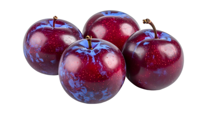 Four ripe, juicy plums with a rich, dark red hue and bluish marbling on a black backdrop
