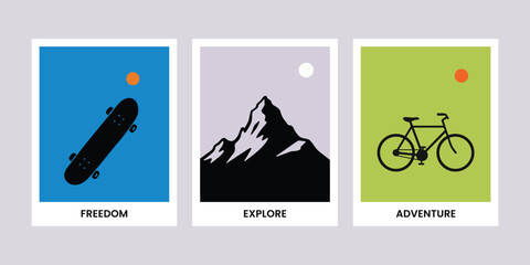 Outdoor Adventure Elements Set with Skateboard, Mountain, and Bicycle for Poster Illustration