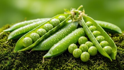 Fresh green peas in open pods with water droplets on a mossy surface