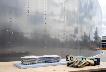 A tight macro shot of a riveted, brushed-steel museum surface, showing sharp material details and a distorted blue-sky reflection.