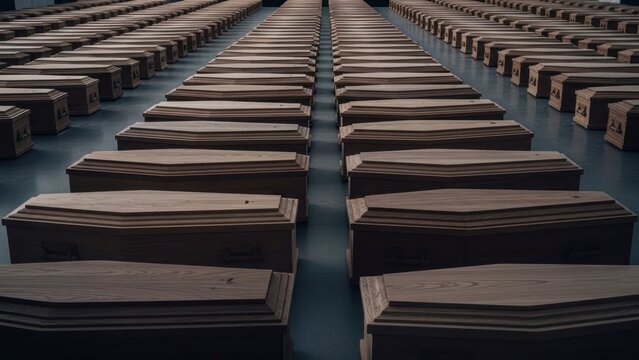 Rows of wooden caskets fill a room, a stark scene of loss and grief