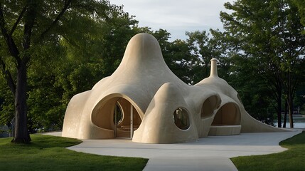 Modern futuristic architecture, unique sculptural building design with curved lines and rounded shapes, surrounded by lush greenery and trees, contemporary pavilion