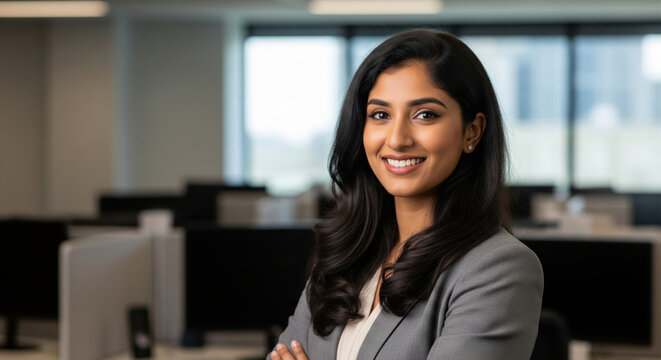 A smiling young Indian businesswoman in a grey blazer standing with arms crossed in a modern office background with copy space