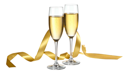 Two fluted glasses of bubbly champagne, with a golden ribbon in front of a black background