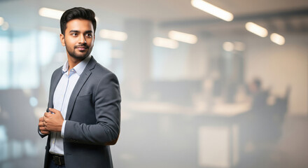 Obraz premium A young Indian businessman in a charcoal grey blazer looking sideways in a bright, minimalist office background with copy space